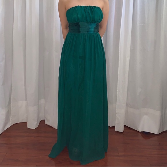 Hunter green chiffon evening gown with satin bow - Picture 2 of 4
